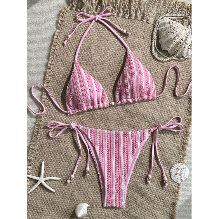 2026 New Knit Bikini Fashionable Beach Vacation Swimwear Striped Swimsuit