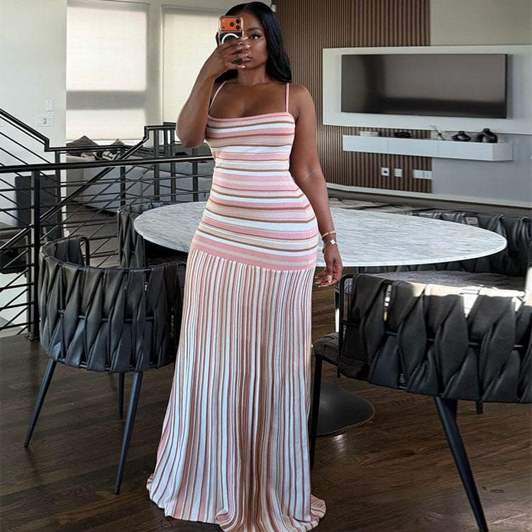 Wenshuo 2027 S-XXL New Dress Striped Bodycon Backless Dress with Spaghetti Strap Slim Fit Print Women Casual Dress