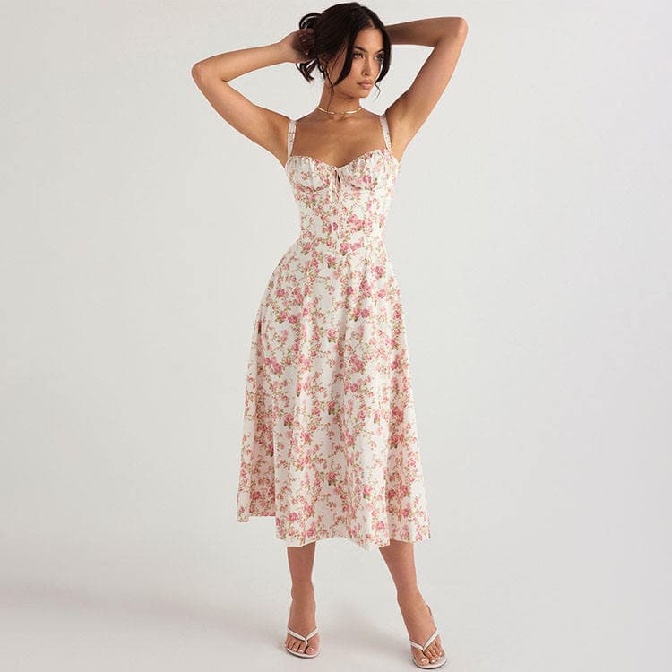 Hot Selling Elegant Casual Floral Dress Sexy Backless Slim Slit Spaghetti Strap Dress Women Holiday Midi Skirt