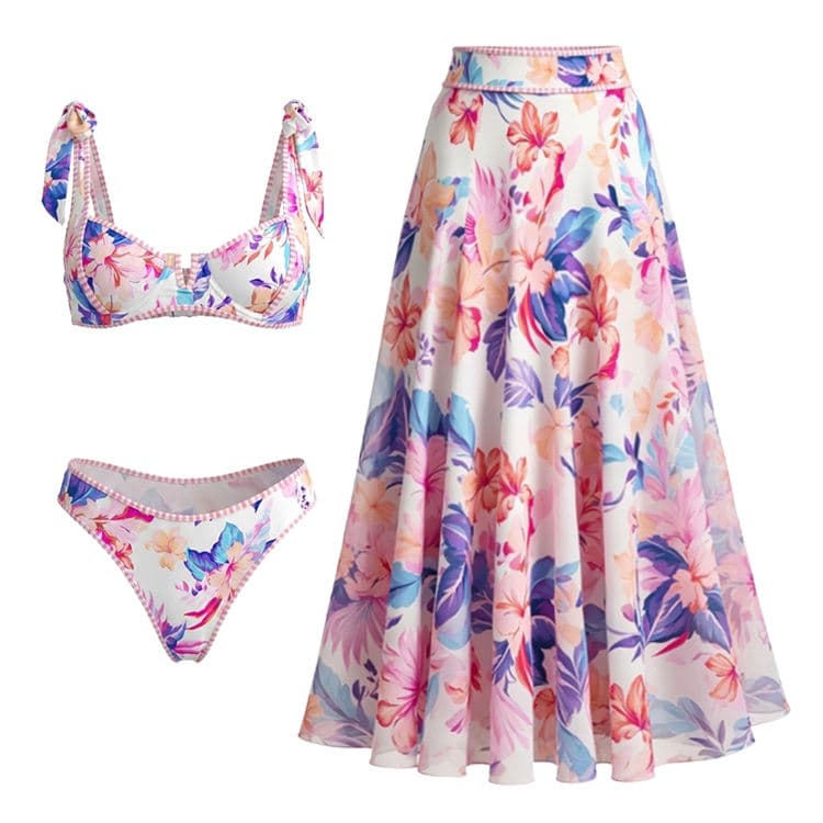 New Sweet Pink Purple Tropical Flower Bikini Set Push up Swimsuit Set for Women