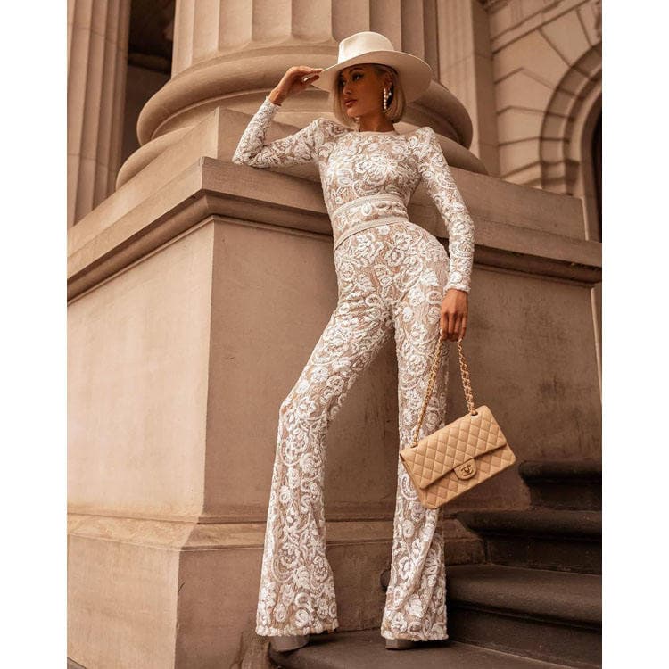New Elegant Lace Temperament Women Jumpsuit High Quality Floral Embroidered Retro Slim Bodysuit Solid Color Jumpsuit With Belt