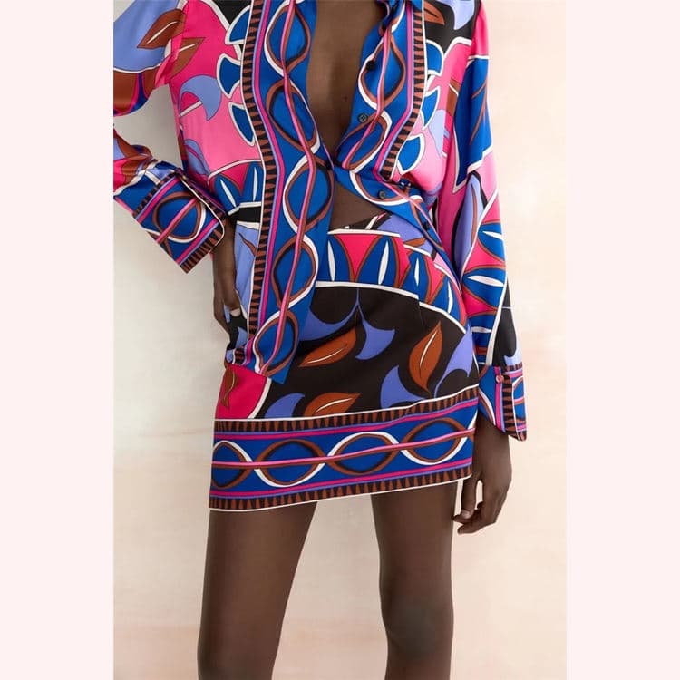 2022 Summer New Unique Print Loose Shirt Mini Skirt Womens Matching Set