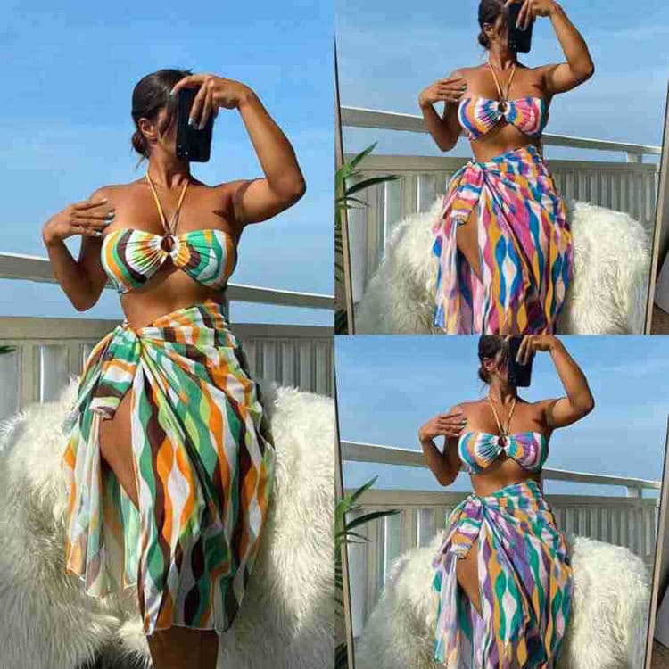 2023 New Sexy Summer Ripple Mesh Three Piece Set Hanging Neck Swimwear Women's Swimwear
