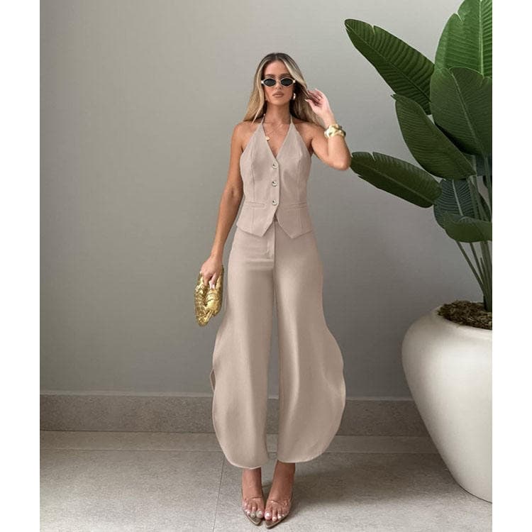 Wenshuo Fashion Halter Vest Top Wholesale Solid Color Curved Trousers Custom logo Satin Women Suit Factory Directly