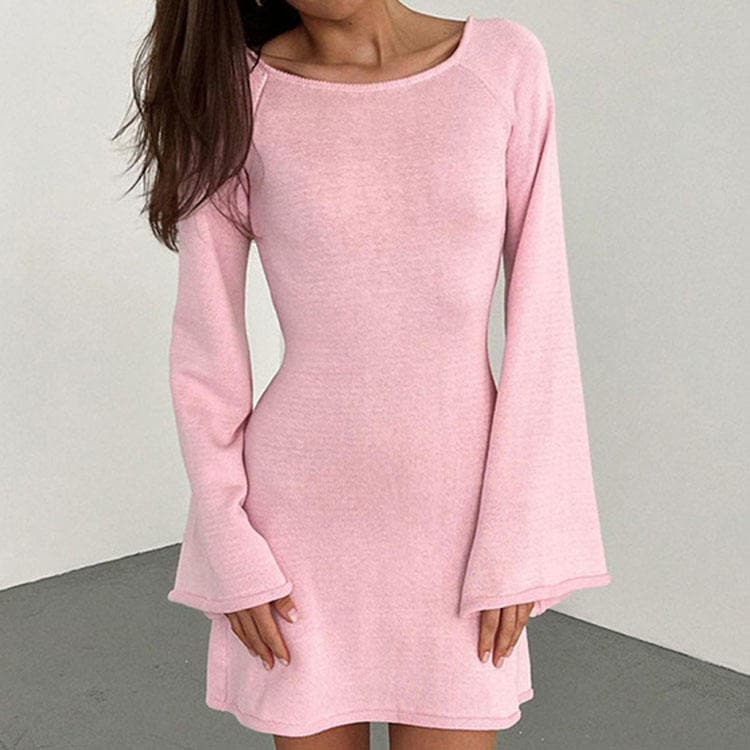 2024 New Solid Color Sexy Backless Round Neck Flared Long Sleeve Knitted Dress Women Beach Cover up