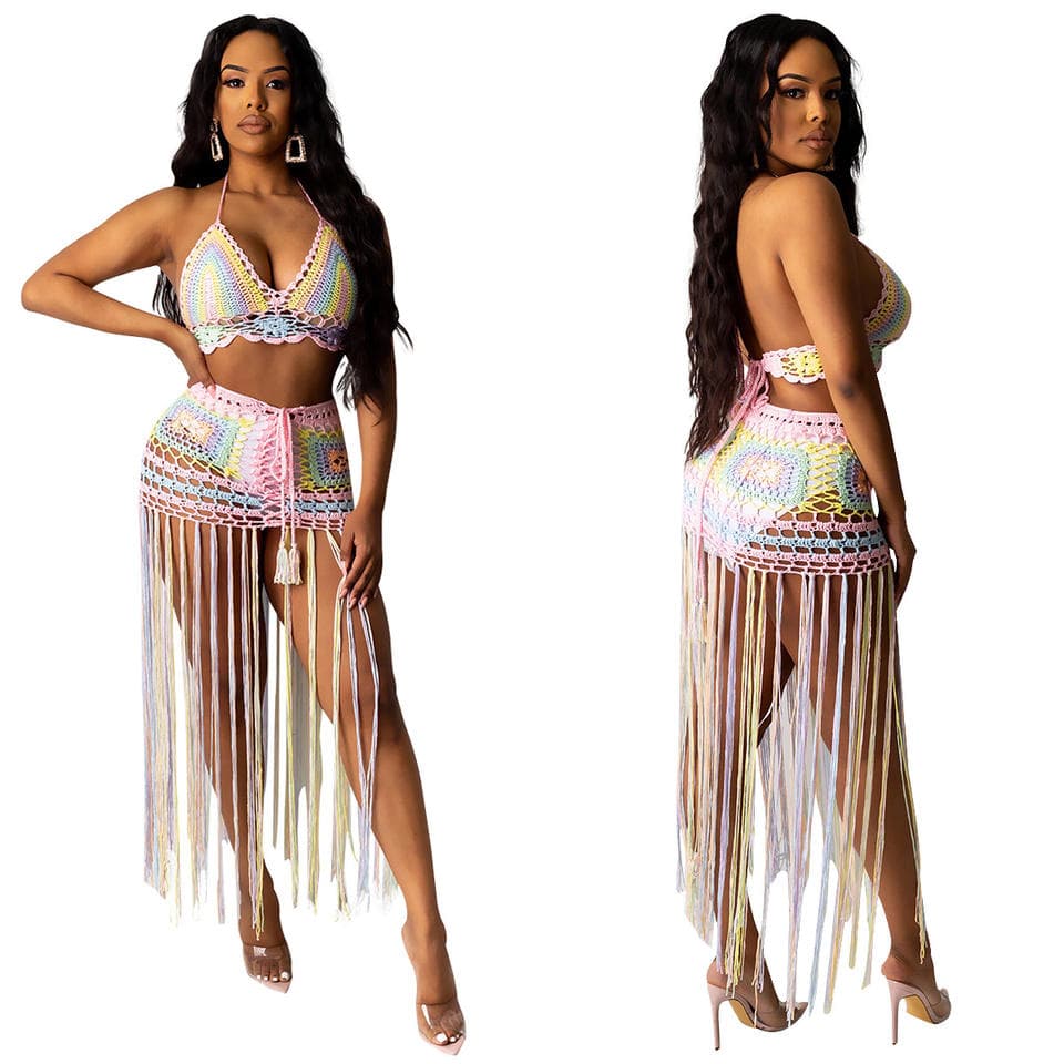 Sexy Women Crochet Colorful Perspective Tassel Beach Cover up Bikini