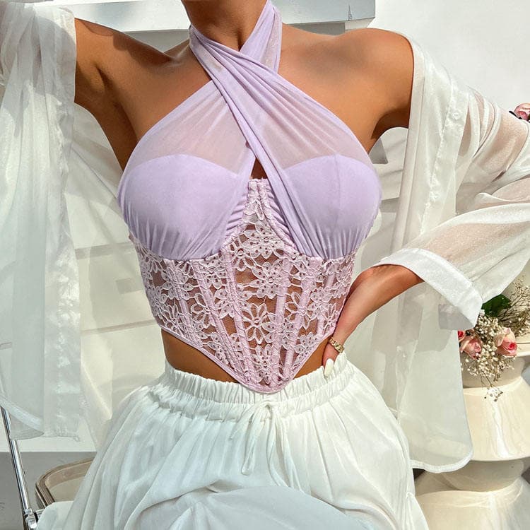 New Lace Mesh Cross Halter Top Transparent Floral Diamond Fish Bone Women Sexy Corset