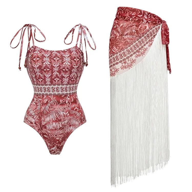 New Vintage-Print Bikini with White Fringe Cover-Up One-Piece Swimsuit Set for Women