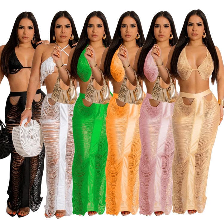 New Solid Color Casual Set Sexy Tassel Beach Dresses Bandage Beach Skirt Set