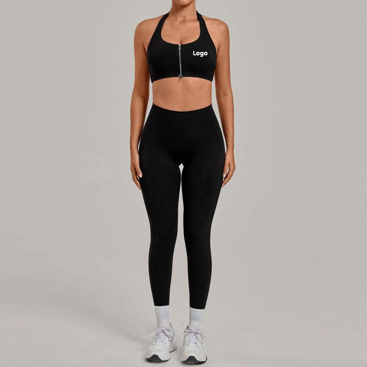 Private Label Active Set Zipper Bra and Impact Legging 2 Piece Quick Dry Fitness Yoga Set