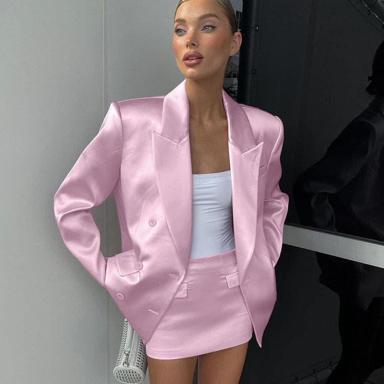 Wenshuo Simple Long Sleeve Blazer Wholesale Short Bodycon Skirt Custom logo Satin Women Set Factory Directly