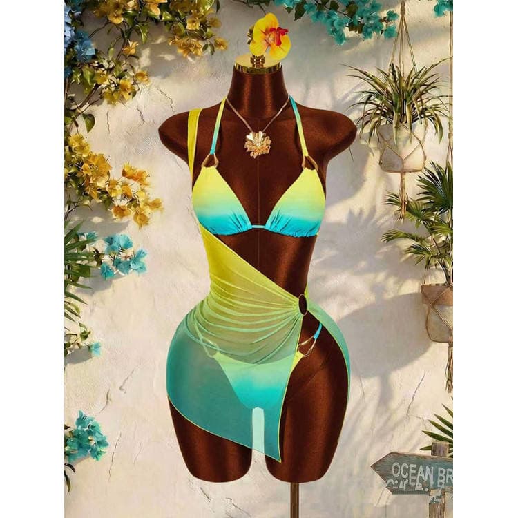 Wholesale 3-Piece Metal Bikini Set Sexy Ombre Swimwear One Shoulder Tulle Skirt Bikini Set