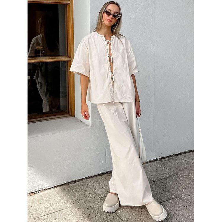 Early Autumn Fashion Pure Cotton Apricot Lace up Women Loose Comfortable Two Piece Set