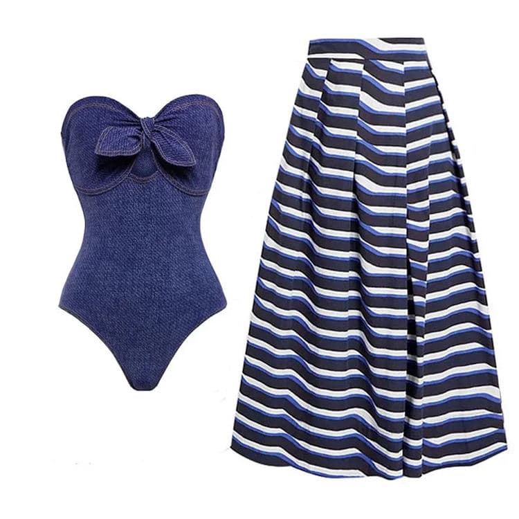 Latest Explosion Denim Striped Strapless One Piece Bikini Set Fashion Pool Party Spa Party Swimsuit Set