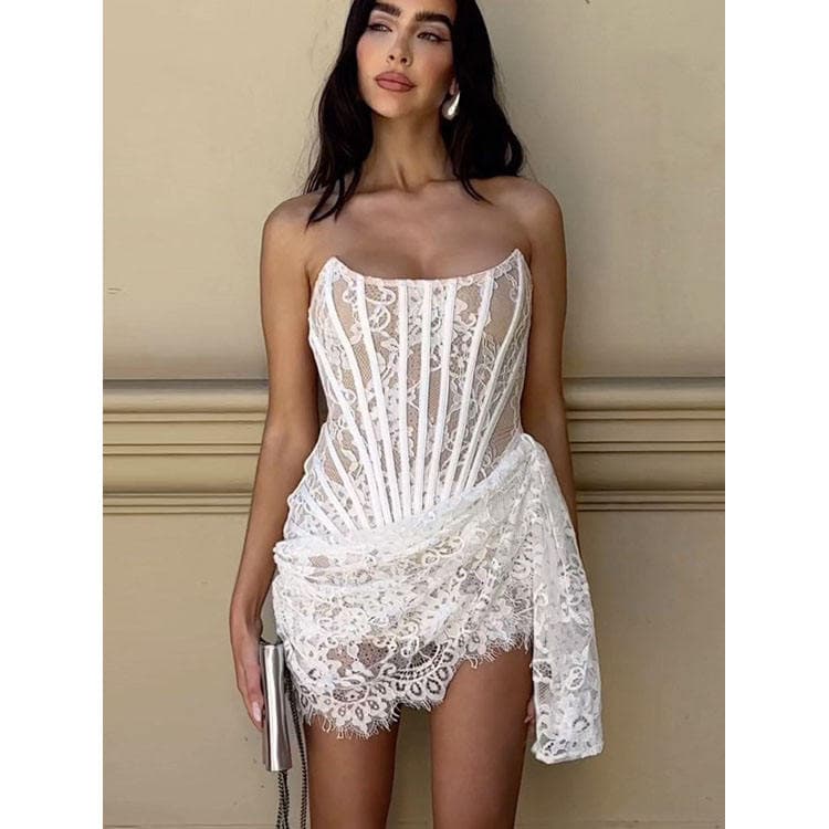Dropshipping Sexy Lace Party Dress Strapless Backless Slim Elegant Irregular Fishbone Ruched Dress for Women