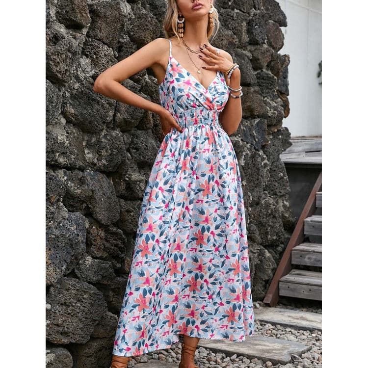 Wholesale S-2XL Summer Women Dresses Floral Printed Dresses V-Neck Halter Dresses