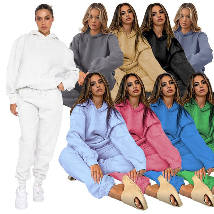 New Solid Color Hooded Pullover Suit Long Sleeve Sweatshirt Polyester Cotton Suit Fashion Long Pants Jogging Suit