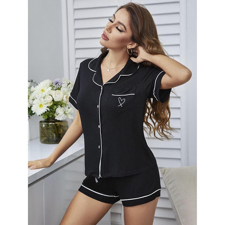 Homewear Set Cardigan Short Sleeve Shirt Shorts Summer Pajamas Pure Color Sexy Sleepwear Women