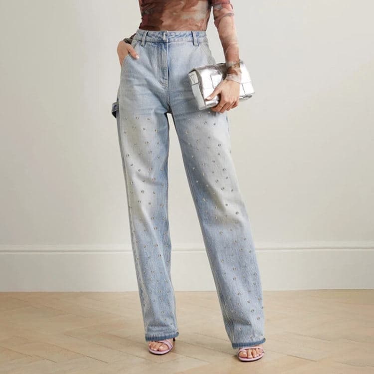 Wholesale Heavy Diamond Denim Jeans Versatile Straight Pants High Waist Fashion Temperament Denim Pants
