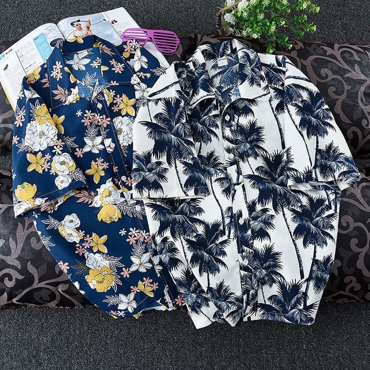 Custom logo Men Beach Shirt Surf Fast Dry Short Sleeve Flower Shirt Coconut Beach Hawaiian Loose Print Shirt