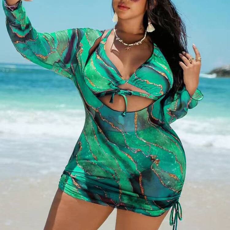 Factory Wholesale Plus Size Bikini Wavy Tie-Dye Print Bikini Three Piece Swimsuit Set