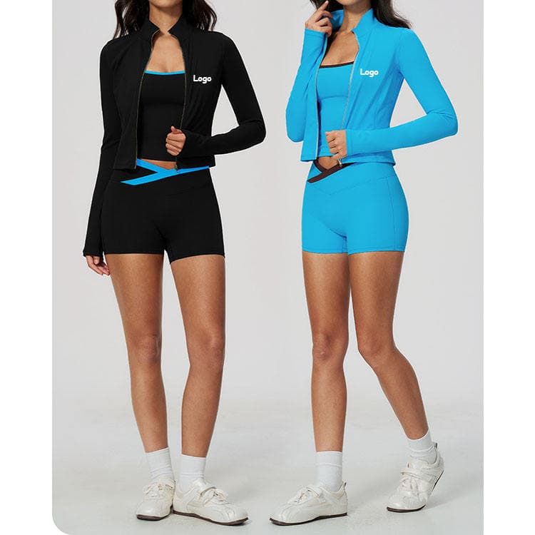 Custom Logo Women Workout Set Nude Feel Block Color Tank Top and V Waist Shorts with Long Sleeves Jacket 3 Piece Yoga Set