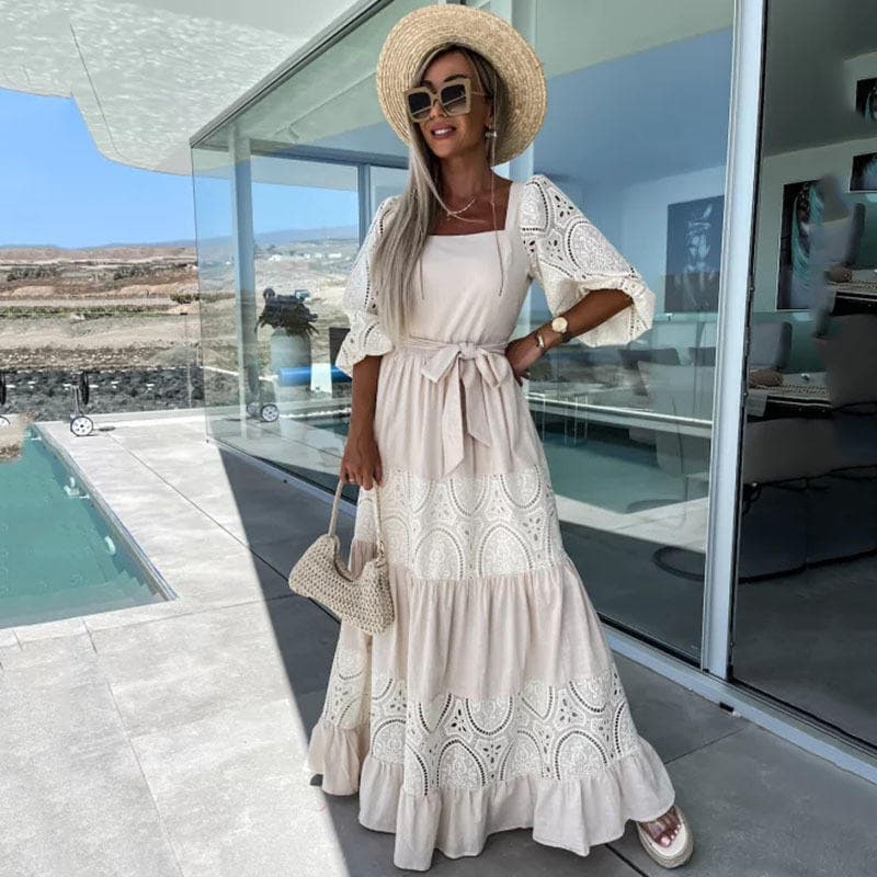 Hollow Pattern Casual Dress Wholesale Bow Knot Loose Dress Manufacturer Puff Sleeve Long Dress Factory Directly