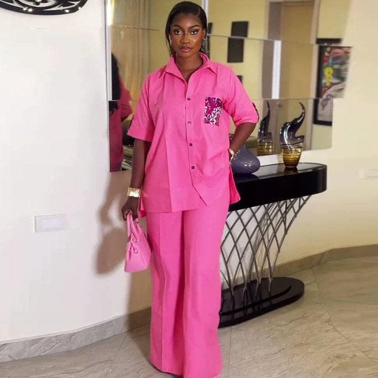 Wenshuo Short Sleeve Solid Color Shirt Wholesale Loose Straight Trousers Custom logo Stylish Women Suit Factory Directly
