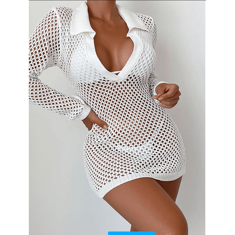 Women Short Style Knitted Long Sleeved Tight POLO Neck Deep v Sexy Blouse Skirt Beach Cover up
