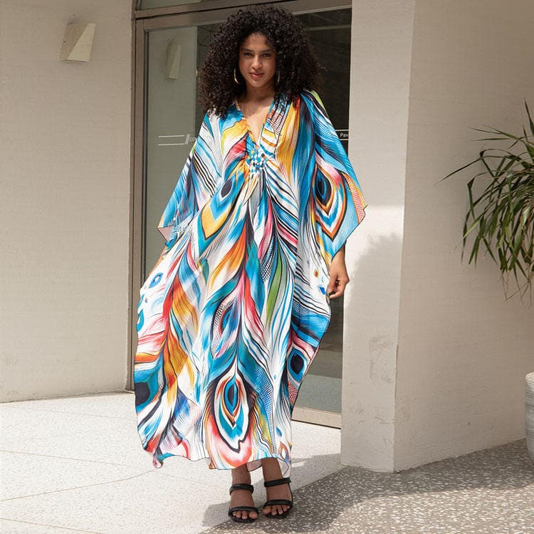 Beach Position Printing Cover Ups Oversize Women Chest Hand Knitted Holiday Dress