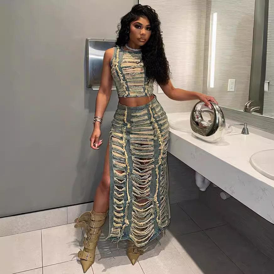 S-3XL Distressed Ripped Dress Wholesale Sexy Dress Custom logo Fashion Dress Factory Directly