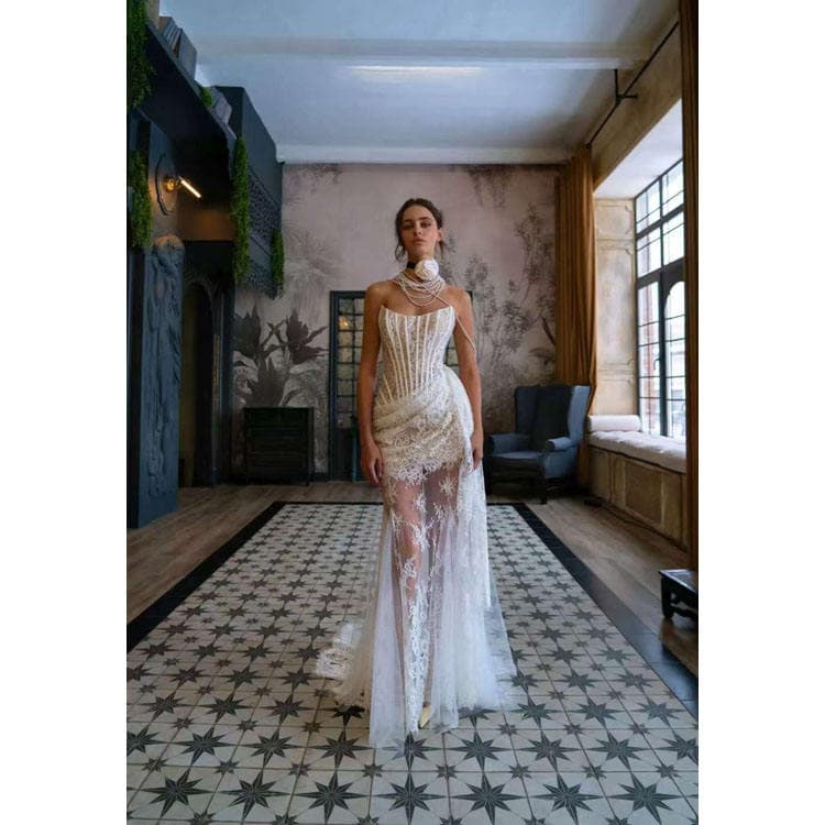 Wenshuo High Quality Women Elegant Dress Backless Embroidery Lace Slim Fishbone Mini Dress With Detachable Train