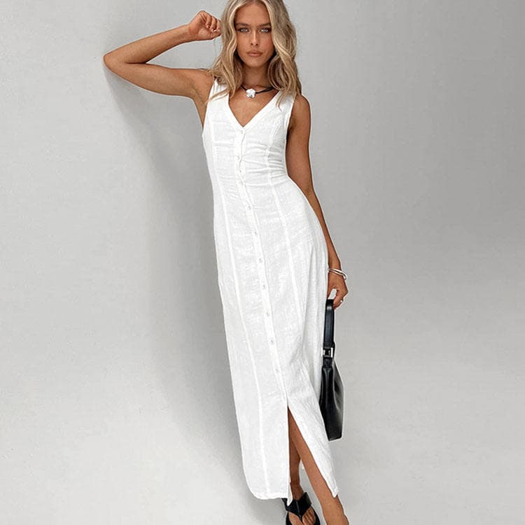Sexy Design v Neck Cotton and Linen All Match White Slit Sleeveless Dress Simple Summer Long Skirt