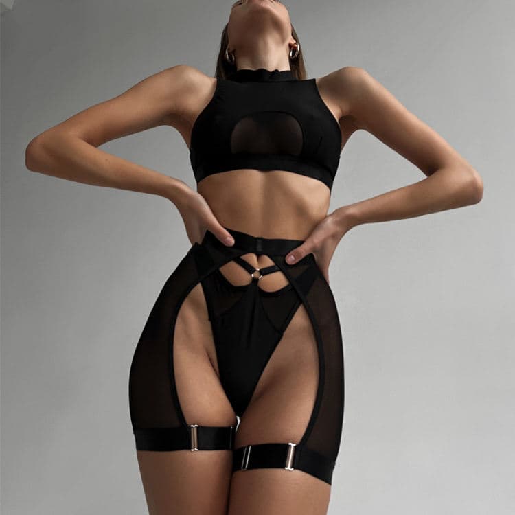 New Designer Sexy Lingerie Underwear Black Mesh Perspective Hip Hot Sell Cross Bandage Fine Bra Panty Set