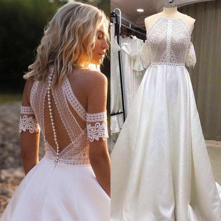 Embroidery Satin Patchwork Wedding Dress Off the Shoulder Halter Neck Women Wedding Dress High Quality Elegant Wedding Dress