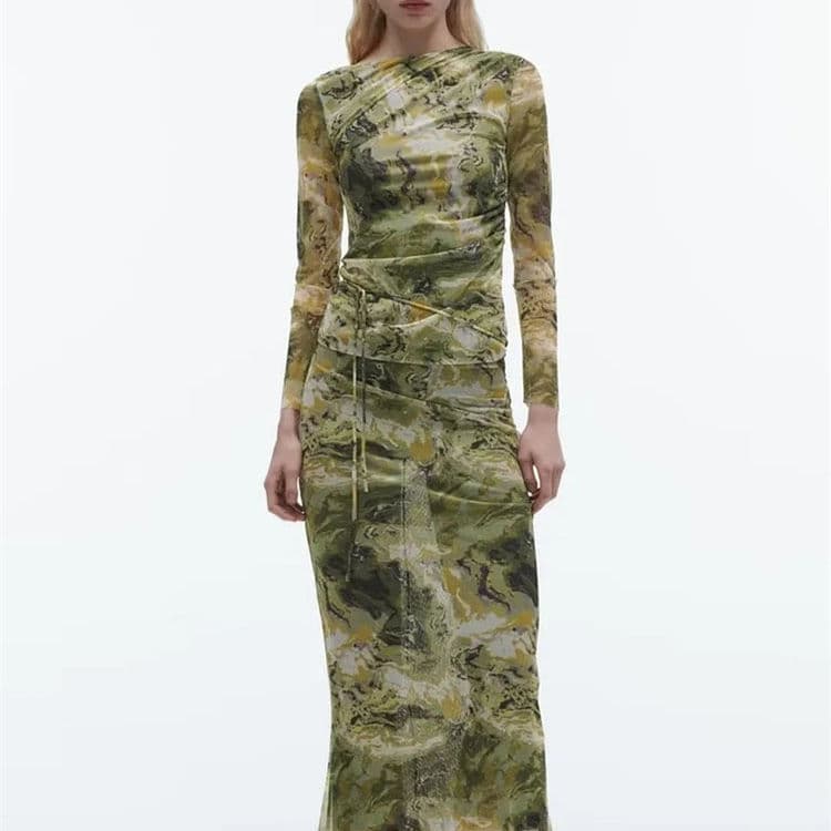 Wholesale Spring and Summer Style Printed Mesh Slim Tops Painted Tulle Skirts