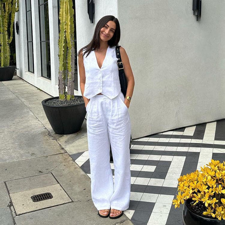 Hot Selling Summer 2024 New Women Cotton and Linen Sleeveless Vest Vest Trousers Two Piece Casual Fashion Suit