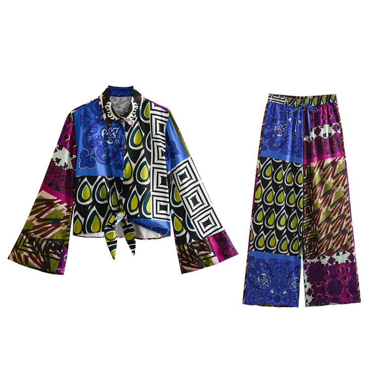 2023 Summer New Women Clothes Knotted Color Matching Shirt Pajamas Style Straight Trousers Suit