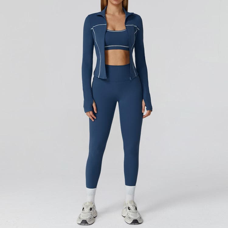2025 Fall Winter High Quality Brushed Active Set Long Sleeve Yoga Pant 3 Piece Yoga Set with Zipper Jacket