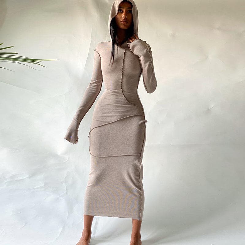 Wholesale Long Sleeved Hooded Dress Pure Color Hip Hugging Dress Manufacturer Reverse Hem Tight Skirt Factory Directly