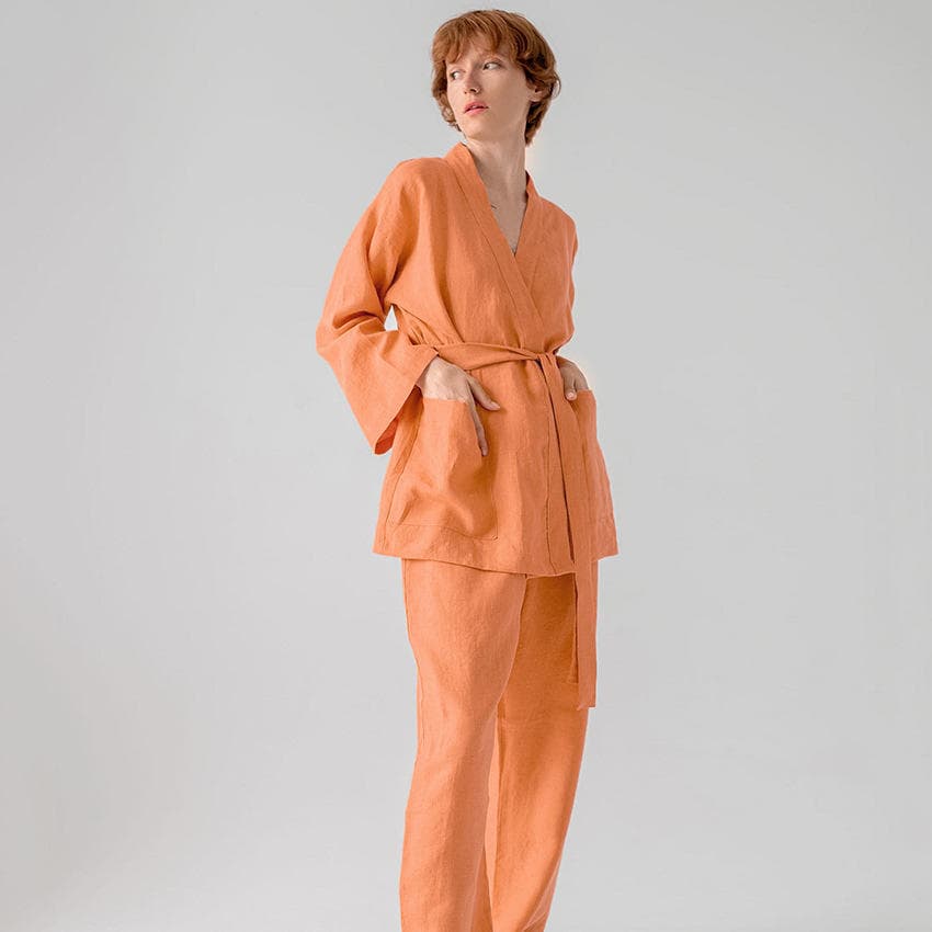 Autumn Cotton and Linen Pajamas Fashion Cardigan Panties Nightgown Set for Outerwear