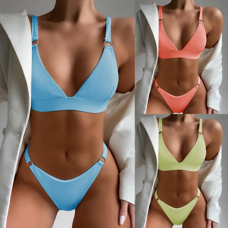 Hot Selling Custom Solid Color V Neck Sexy Backless Quick Drying Metal Bikini Beach Swimwear