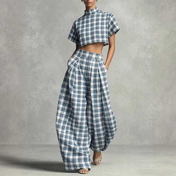 Wenshuo Fashion Plaid Crop Top Wholesale Loose Trousers Custom logo Women Workwear Set Factory Directly