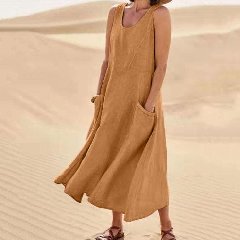 S-5XL Round Neck Pocket Long Dress Loose Solid Color Dress Manufacturer Sleeveless Dress Factory Directly
