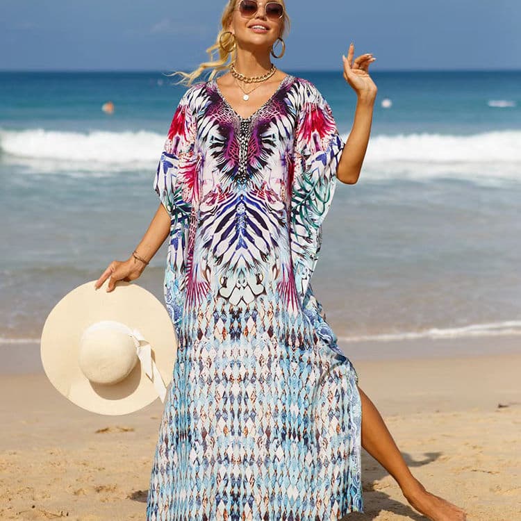 New Rayon Printed Beach Cover Ups Robe Beach Sunscreen Long Dress