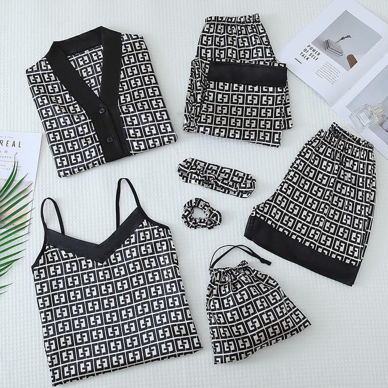 Printing Pattern Pajamas Long Sleeve Women Seven Piece Sleepwear Bow Casual Suits Factory Directly 2025