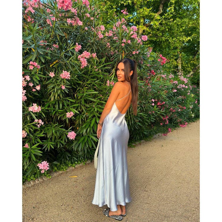Wenshuo 2026 New Summer Women slip Dress Solid Color Backless Satin Dress Women Casual Long Dress