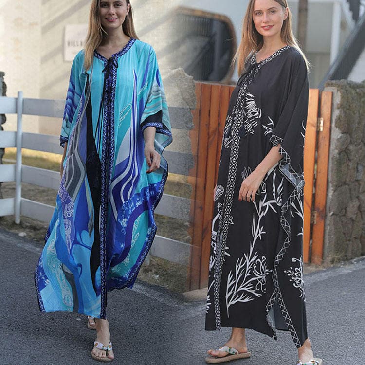 New Four Way Stretch Blue Print Beach Sunscreen Cover Ups Vacation Long Skirt Women