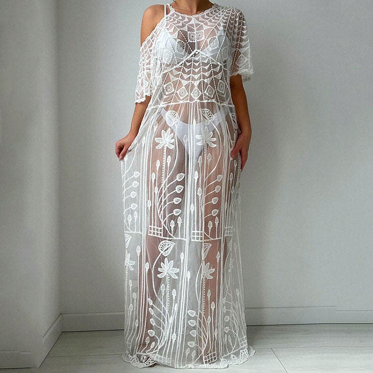 2024 New Summer Beach Skirt Women Solid Color Sexy Lace Swimsuit Bikini Sunscreen Cover Ups