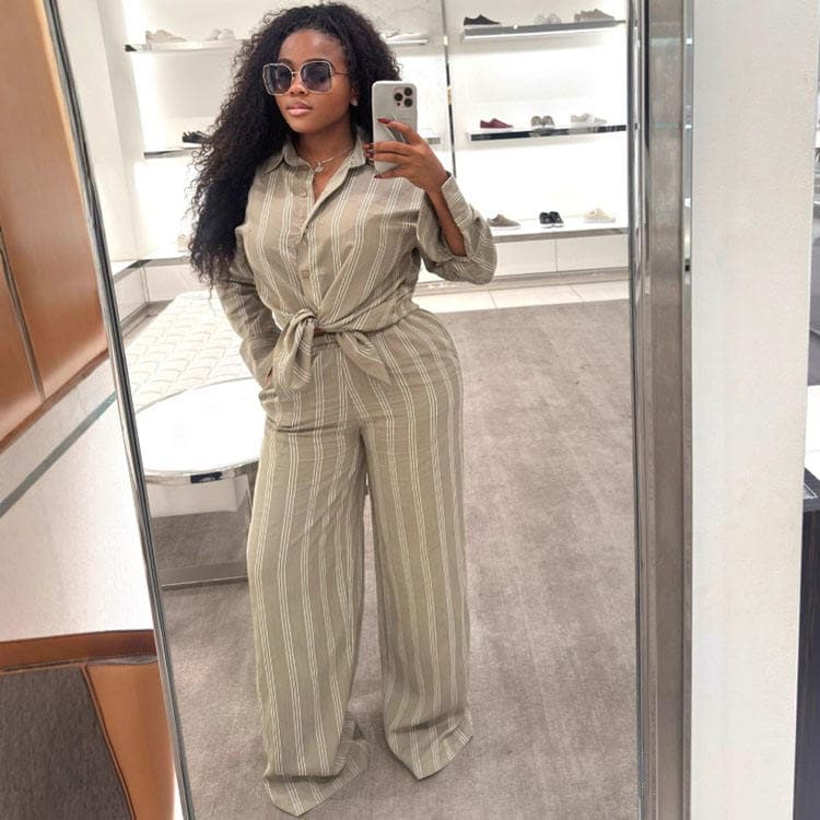 Wenshuo Elegant Long Sleeve Shirt Wholesale Loose Straight Trousers Custom logo Striped Work Suit Factory Directly